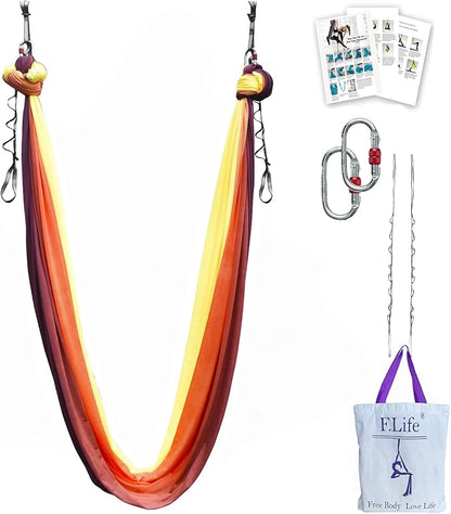 F.Life Aerial Yoga Hammock kit- Yoga Swing Multicolor 5 yards-Flying Yoga Include Daisy Chain,Carabiner and Pose Guide