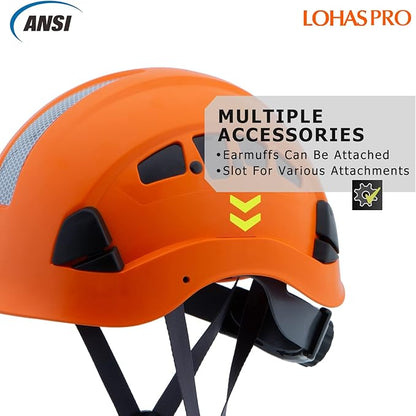 Hard Hats Construction Safety Helmet ANSI Z89.1 Approved OSHA Hardhat, LOHASPRO Vented Men Worker Orange Hard Hat with Chin Strap Tree Climbing Rescue Arborist Helmet (P4 Orange)