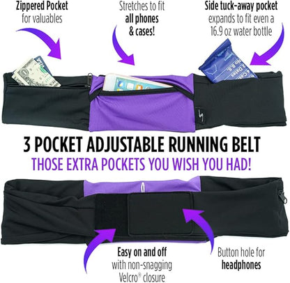 3 Pocket Adjustable Running Belt Waist Pack, Fanny Pack For Working Out With Sweat Resistant Backing, Holds All iPhone Models