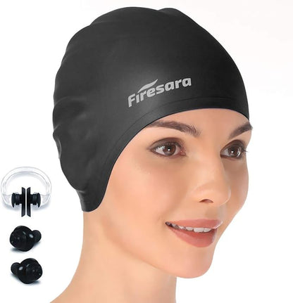 Firesara Swim Cap, Original Updated Swimming Cap 3D Ergonomic Design Comfortable Durable Ear Protection for Women Kids Men Adults Boys Girls for Long or Short Hair with Nose Clip and Ear Plugs