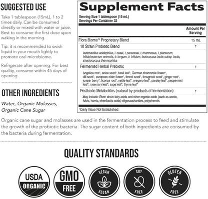 Flora Biome - Live Probiotic, Prebiotic, & Postbiotic – Organic Live-Culture – 10 Probiotic Strains, 18 Fermented Herbs - Complete Gut Health & Microbiome Optimizer (16 oz)