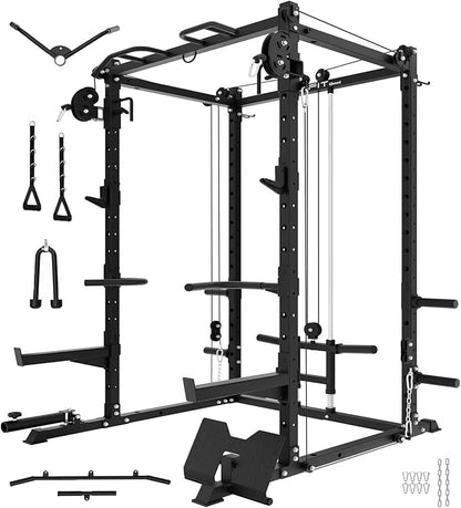 Eonfit E2 Power Cage，1500LB Squat Rack with Cable Crossover System.Multi-Function Power Rack for Home Gum.All-in-One Squat Rack with More Training Attachments