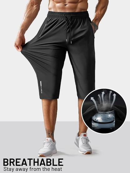 Men's Capri Pants 3/4 Joggers Gym/Workout/Hiking Below Knee Long Shorts Lightweight Quick Dry with Zipper Pockets