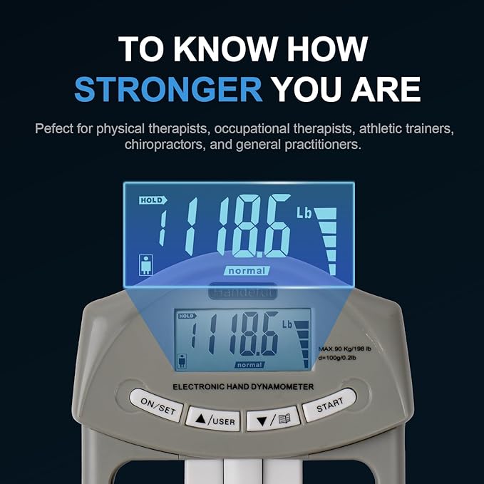 Handeful Grip Strength Tester Trainer - Dynamometer Handgrip Measurer Meter, Handheld Strengthener Exerciser for Sports, School, and Home Use (198Lbs / 90Kgs)