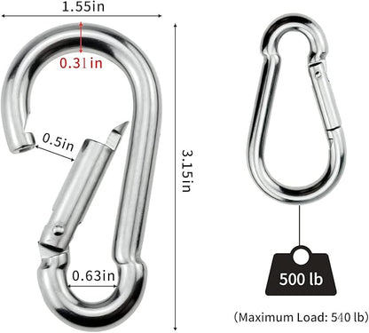 3 Inch Carabiner Spring Snap Hook Steel Clip Link Buckle Heavy Duty 8x80mm 10 Pcs for Outdoor Camping Hiking Hammock Swing, White