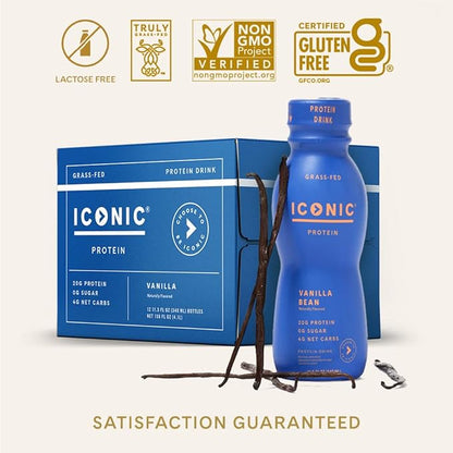 Iconic Protein Drinks, Vanilla Bean (12 Pack) - Sugar Free & Low Carb - 20g Grass Fed Protein - Lactose Free, Gluten Free, Non-GMO, Kosher - Keto Friendly Protein Shakes