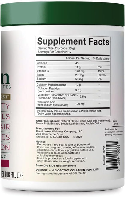 Great Lakes Wellness Beauty Boost Advanced Collagen Peptides Powder with Hyaluronic Acid, Biotin, Vitamin C - Skin Elasticity and Hydration - Raspberry Lemonade Flavor - Non-GMO, Keto, Kosher - 8 oz