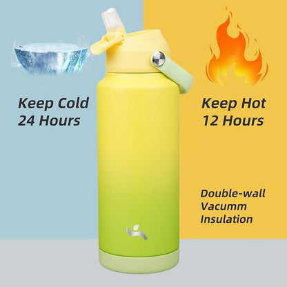 Insulated Water Bottle with Straw Lid,32 oz Stainless Steel Vacuum Metal Bottle with Silicone Handle,Lime