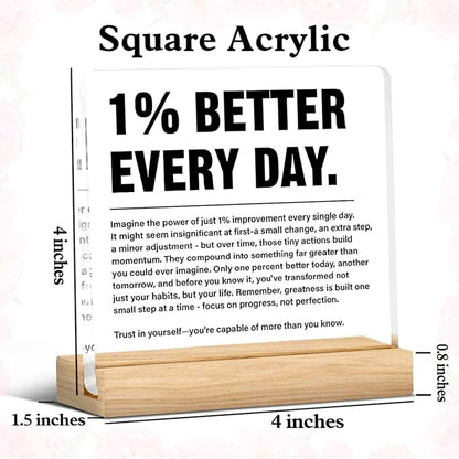 Inspirational Home Office Decor 1% Better Every Day Acrylic Plaque Sign for Office Gym Classroom, Growth Mindset Self Improvement Gifts for Coworker Employee Friend