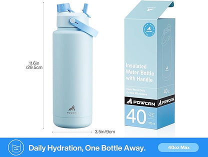 40 oz Insulated Water Bottle with 2-in-1 Straw and Spout Lid, Keep Cold 24H, Leak-Proof, BPA-Free, Double Wall Stainless Steel Water Bottle for Sports, Gym, Travel, and School (Sea Breeze)
