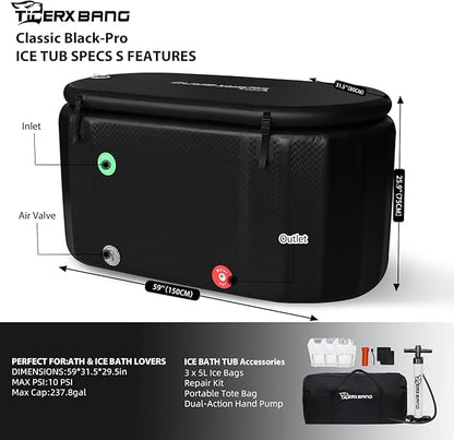 Ice Bath Tub,Inflatable Cold Plunge Tub, Water Chiller Compatible, 237.8Gallon Portable Ice Plunge Tub for Athletes, Adult Ice Bath Enthusiasts (Classic Black-Pro)
