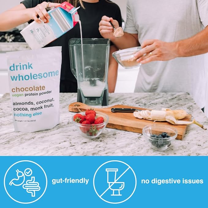 drink wholesome Vegan Chocolate Almond Protein Powder | for Sensitive Stomachs | Additive & Dairy Free | No Artificial Sweeteners | No Bloating, Farts or Gas | No Constipation or Diarrhea