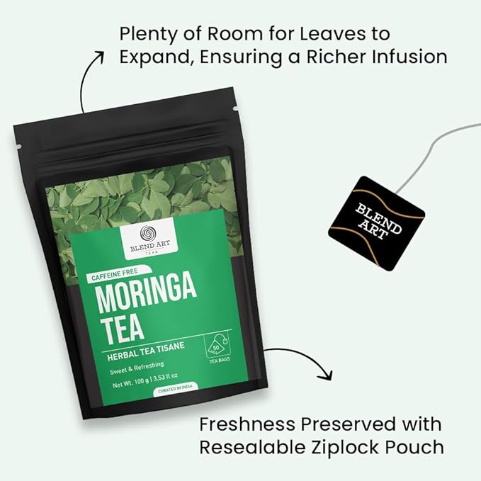 Blendart Moringa Tea Bags (50 Count) Caffeine Free, Pure Moringa Leaves | Sweet and Light Herbal Tea Bags,