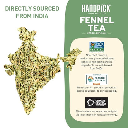 HANDPICK, Fennel Tea Bags (100 Herbal Tea Bags) Caffeine Free, Gluten Free & Non GMO | Round Eco Conscious Teabags | Smooth & Sweet