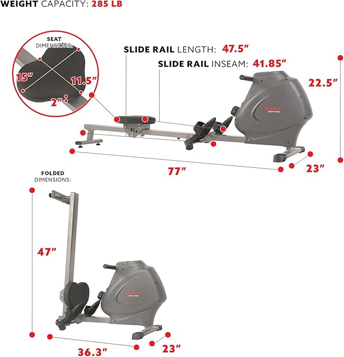 Sunny Health & Fitness Magnetic Rowing Machine for Home Exercise, Quiet & Smooth Rower with Compact Storage and Optional Free SunnyFit App Connectivity