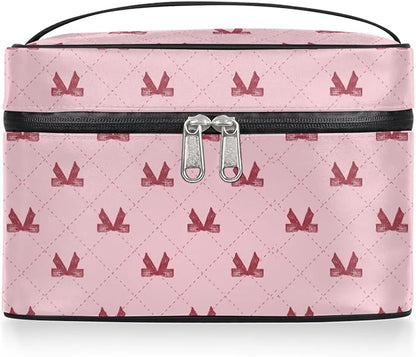 Large Makeup Bag Travel Cosmetic Bags for Women Pink Cute Plaid Checkered Geometric Makeup Organizer Case Toiletry Bag for Girls Traveling Wide Open Portable Pouch with Handle
