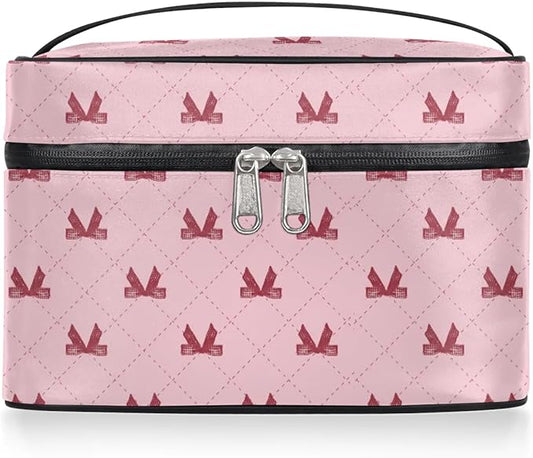 Large Makeup Bag Travel Cosmetic Bags for Women Pink Cute Plaid Checkered Geometric Makeup Organizer Case Toiletry Bag for Girls Traveling Wide Open Portable Pouch with Handle