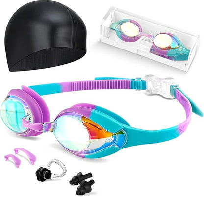 Kids Swim Goggles, Anti-fog and UV Protection with Swim Cap for Age 3-15 Youth Boys Girls Toddler