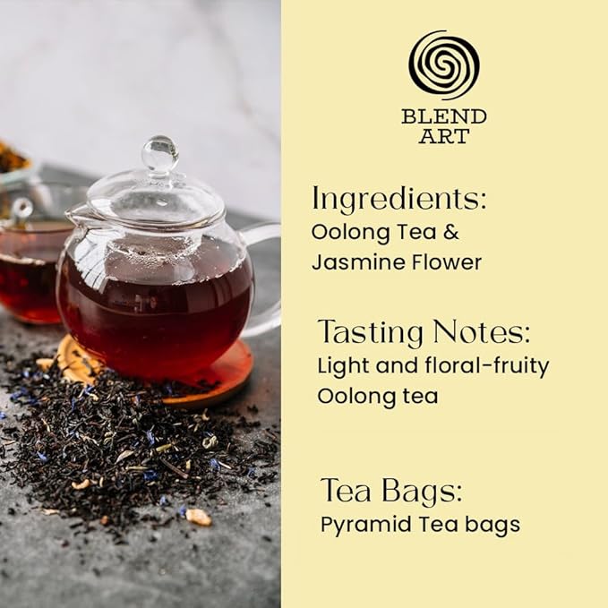 Blendart Jasmine Oolong Tea bags 50 Count | Oolong tea bags for weight loss | Premium High Mountain Oolong Tea leaves | Naturally Caffeinated Tea | Flower Scented Tea | Pyramid Tea bags