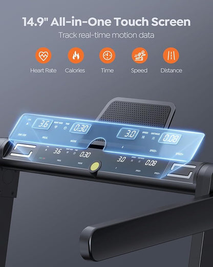 2 in 1 Folding Treadmills for Home Small Office, 2.5HP Walking Pad Treadmill with Handle Bar, 300lbs Capacity, Copmact Protable Treadmill with Smart APPs, 12 HIIT Modes and Touch Screen