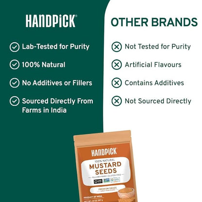 HANDPICK Yellow Mustard Seed (397g/14oz) Non GMO, Gluten Free, 100% Raw, Sourced from India, For Cooking, Pickles, Packed in Resealable Ziplock Pouch