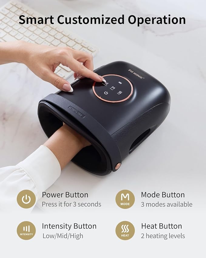 FIT KING Cordless Hand Massager with Compression & Heating, Fingers Wrap Massage for Arthritis Pain and Carpal Tunnel, Large Space for Both Men and Women (Black)