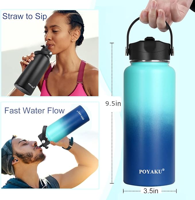 Water Bottle Insulated 32oz 40oz 64oz 128oz Straw Lid Spout Lid & 3 Lids, Leak Proof, Vacuum Insulated,Stainless Steel Water Bottle Wide Mouth for Sports, Gym or Office