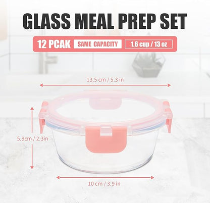 12 Pack 13oz Small Glass Food Storage Containers with Lids Airtight, Leak-Proof Round Meal Prep Containers Set, Freezer to Microwave Safe, Dishwasher Safe