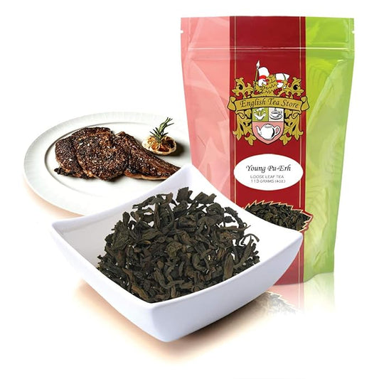 English Tea Store Young Pu-erh Tea | Loose Leaf Aged Chinese Pouches - 4oz | Earthy and Full-Bodied Fermented & Traditional Sun Withered and Stone Pressed | Smooth Complex Cup