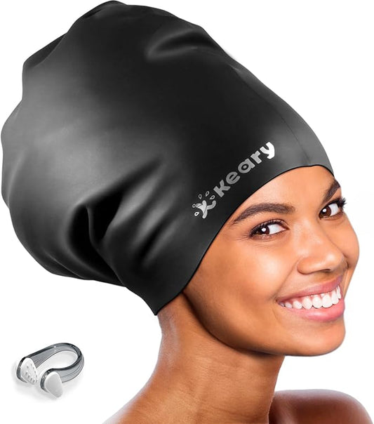 Keary Extra Large Swim Cap for Braids and Dreadlocks Extensions Weaves Long Hair, Waterproof Silicone Cover Ear Bath Pool Shower Swimming Cap for Adult Youth to Keep Hair Dry, Easy to Put On and Off