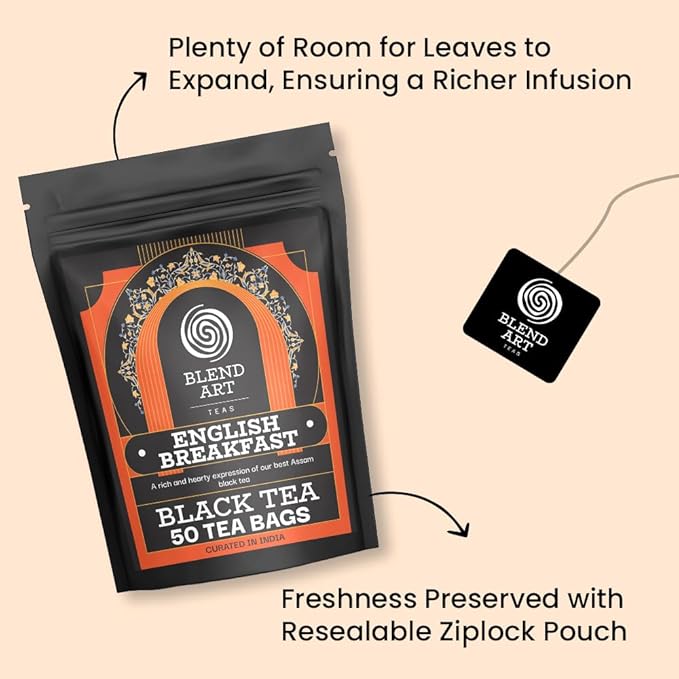 Blendart English Breakfast Black Tea Bags 50 Count Premium Whole Loose Leaf Caffeinated, Smooth, Flavour Robust Black Pyramid Tea Bags Long leaf Tea bags| Strong Robust British Tea