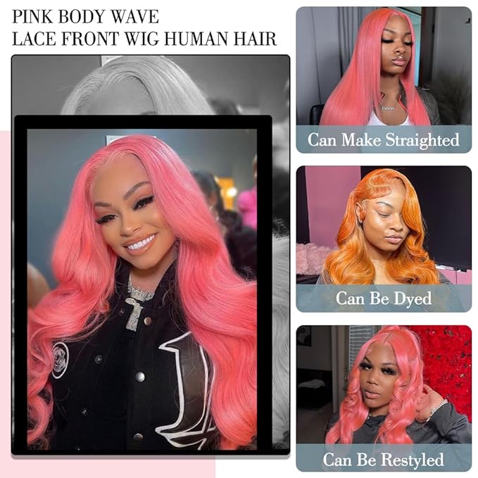 18 Inch Pink Lace Front Wig Human Hair 13x4 HD Lace Pink Body Wave Wig Human Hair Pre Plucked Colored Body Wave Wig Human Hair For Women 150% Density Strawberry Body Wave Lace Front Wig