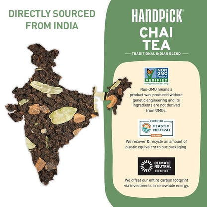 HANDPICK Masala Chai Tea Bags (100 Count) Strong Robust & Aromatic, Blended with Exotic Spices, Cinnamon, Black Pepper, Cloves & Cardamom - Premium Quality Eco-conscious Round Bags