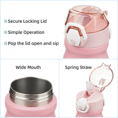 Insulated Water Bottle with Straw and Carry Loop,18 oz Stainless Steel Double Wall Vaccum Metal Water Flask with Leak-proof Lid,Pink