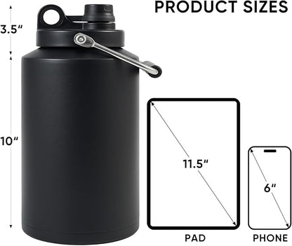 Kerilyn Insulated Jug with Handle, One Gallon, 128oz Stainless Steel, Large Double Vacuum Water Bottle for Hot & Cold Drinks, Wide Mouth, Sweat Proof, Great for Travel, Hiking & Camping, Black