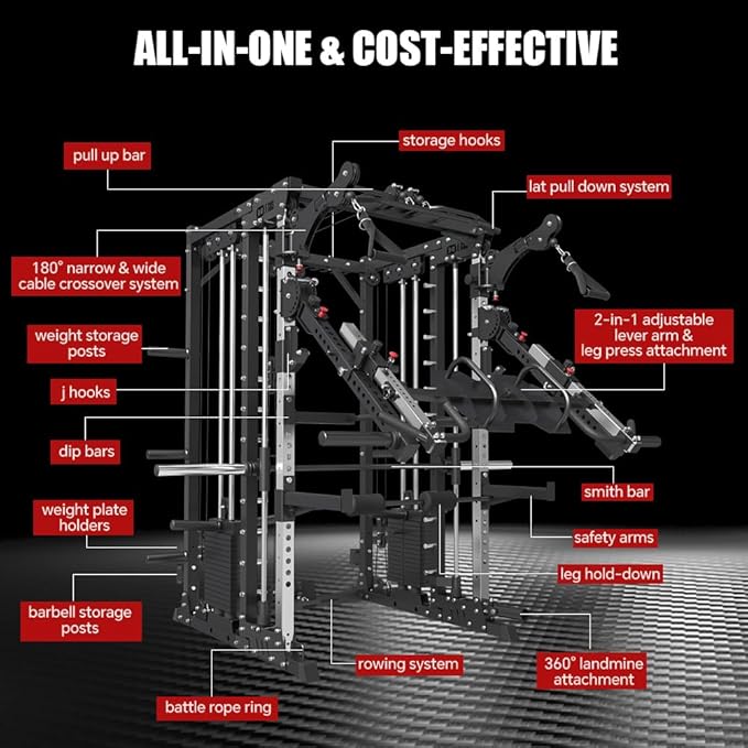 FAGUS Commercial Smithe Machine with 308lb Dual Weight Stacks, 4000LBS Power Cage Squat Rack with Lever Arm & Leg Press, Multi-Function Linear Bearing Cable Crossover Machine for Home Gym