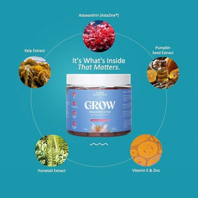 Grow Hair & Beauty Gummies, Supplement with Zinc, Vitamin E, Astaxanthin, Kelp, & Pumpkin Seed, Plant Based Gummies for Women & Men, Gluten Free, Vegan, American Made, 60 Count