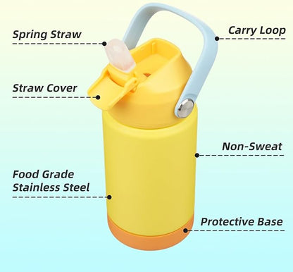 Insulated Water Bottle with Straw Lid,12 oz Stainless Steel Vacuum Metal Bottle with Silicone Handle,Yellow