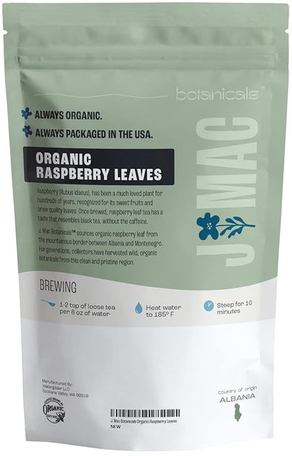 J Mac Botanicals Organic Raspberry Leaves, loose leaf tea 4 ounce