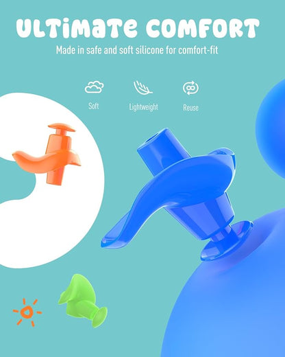 Hearprotek 3 Pairs Swimming Ear Plugs for Kids, Soft Silicone Reusable Waterproof Earplugs for Toddlers Bathing Swimming and Other Water Sports(Blue/Orange/Green)