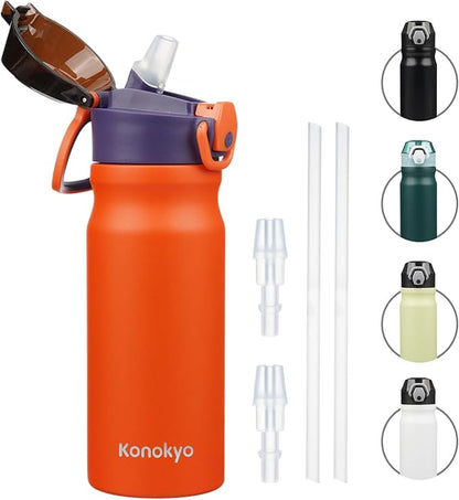 Insulated Water Bottle with Straw and Carry Loop,18 oz Stainless Steel Double Wall Vaccum Metal Water Flask with Leak-proof Lid,Orange