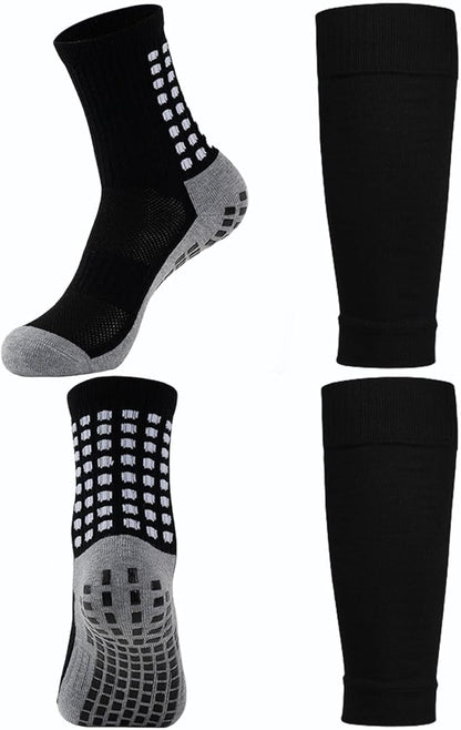 KMOLY 1 Set Soccer Grip Socks,Shin Guard Sleeves for Football Basketball for Men and Women Black/White One Size