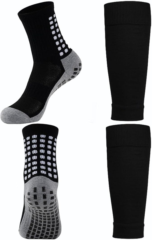 KMOLY 1 Set Soccer Grip Socks,Shin Guard Sleeves for Football Basketball for Men and Women Black/White One Size