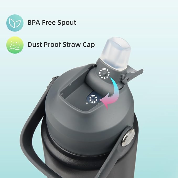 Insulated Water Bottle with Straw Lid,32 oz Stainless Steel Vacuum Metal Bottle with Silicone Handle,Black