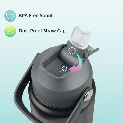 Insulated Water Bottle with Straw Lid,40 oz Stainless Steel Vacuum Metal Bottle with Silicone Handle,Black