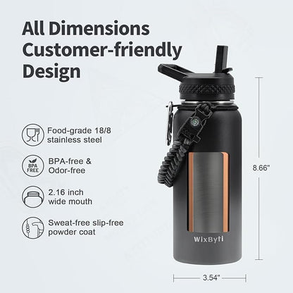 32 oz Insulated Water Bottle with Straw (Cold for 48 Hrs), Stainless Steel Triple Wall Vacuum Sports Water Jug, Leakproof Hydro Cup Flask with Paracord Handle & Straw Spout Lids & DIY Stickers