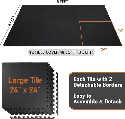 0.56in Thick 48 Sq Ft Exercise Equipment Mats 12 Tiles