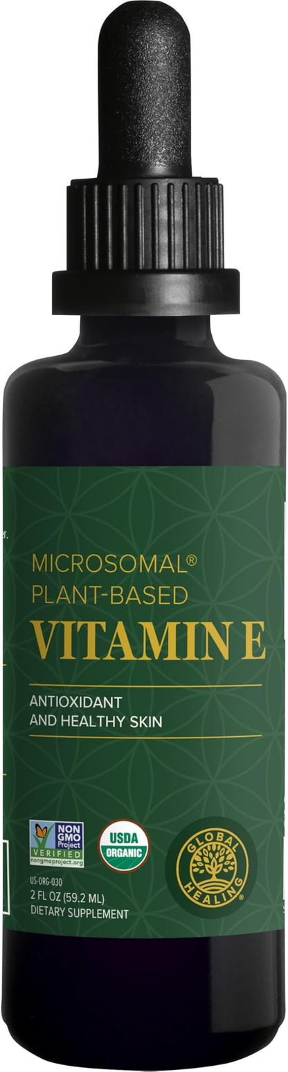 Global Healing Organic Vitamin E Liquid Drops 40 mg - Natural D-Alpha Tocopherol 15% α-tocopherol - Vegan Liquid Vitamin E Oil Oral Supplement for Skin - Low Dose Liposomal Vitamin (2 Oz)