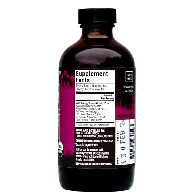 Herbal Revolution Energy Tonic | Beets + Ginger | Daily Herbal Tonic Blend of Apple Cider Vinegar and Vegetables Supports Good Health | 8 Fl Oz Bottle