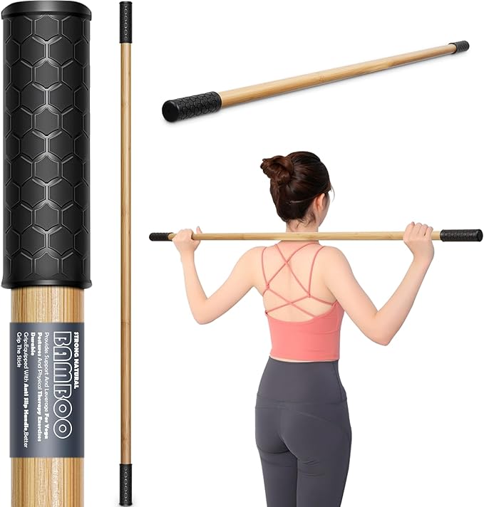 Bamboo Stretch Yoga Stick, 5ft/149 cm, Flexibility Stick for Physical Therapy, Premium Yoga Dowel with Super Sturdy Rubber Handle Ends, Exercise Bar for Posture Corrector